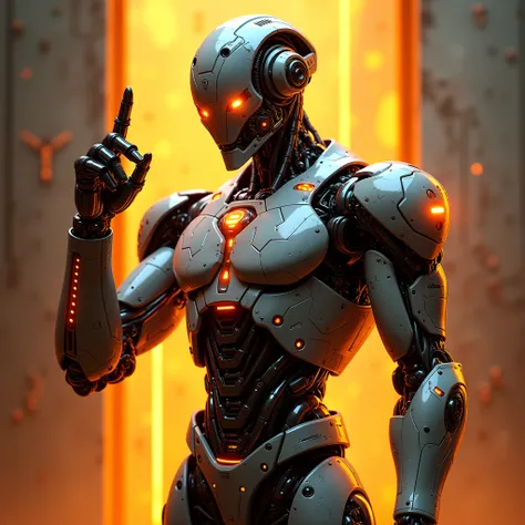 A tin robot with cybernetic muscles with orange details like a finger pointing down on an artistic background with orange lights 