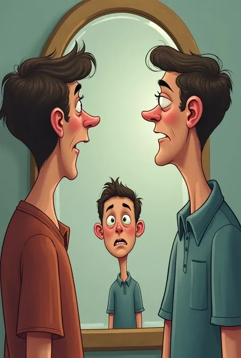 person looking into a mirror, but their reflection is much smaller and weaker than their real self. The reflection appears insecure and hesitant, while the real person looks concerned. The scene has exaggerated proportions, making the reflection seem unnat...