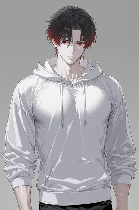 suou (sdurorhr), ningen mame, (ciloranko:0.7), portrait, 1boy, male focus, gradient hair, black hair, red hair, short hair, curtained hair, middle part, long bangs, wavy hair, red eyes, empty eyes, closed mouth, pale skin, ((muscular)), handsome, serious, ...