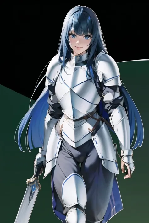 (masterpiece, best quality:1.2), 1girl, solo, adult face, fearless face, deep blue hair, long hair, blunt bangs, blue eyes, (((silver plate armor:1.3))), blue detachable collar, shoulder armor, belt, pauldrons, breastplate, waist armor, Fauld, arms armor, ...