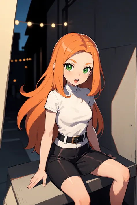  masterpiece,  the best quality,  Ultra-detailed,  illustration, 1 girl, Alone \( totally spies \),  orange hair,  long hair,   green eyes ,  season 6 ,  belt,  open your mouth, Figure four seated, Alley 