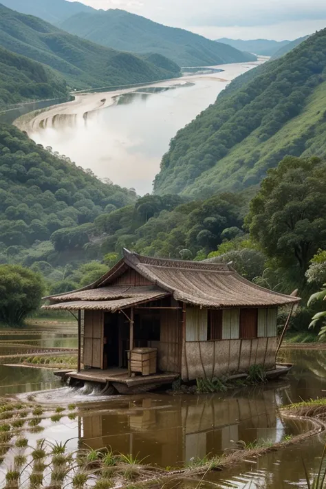 Mountain, Rice field, River, Hut, Grandpa is going to the rice field