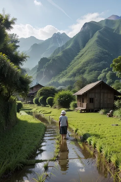 Mountain, Rice field, River, Hut, Grandpa is going to the rice field