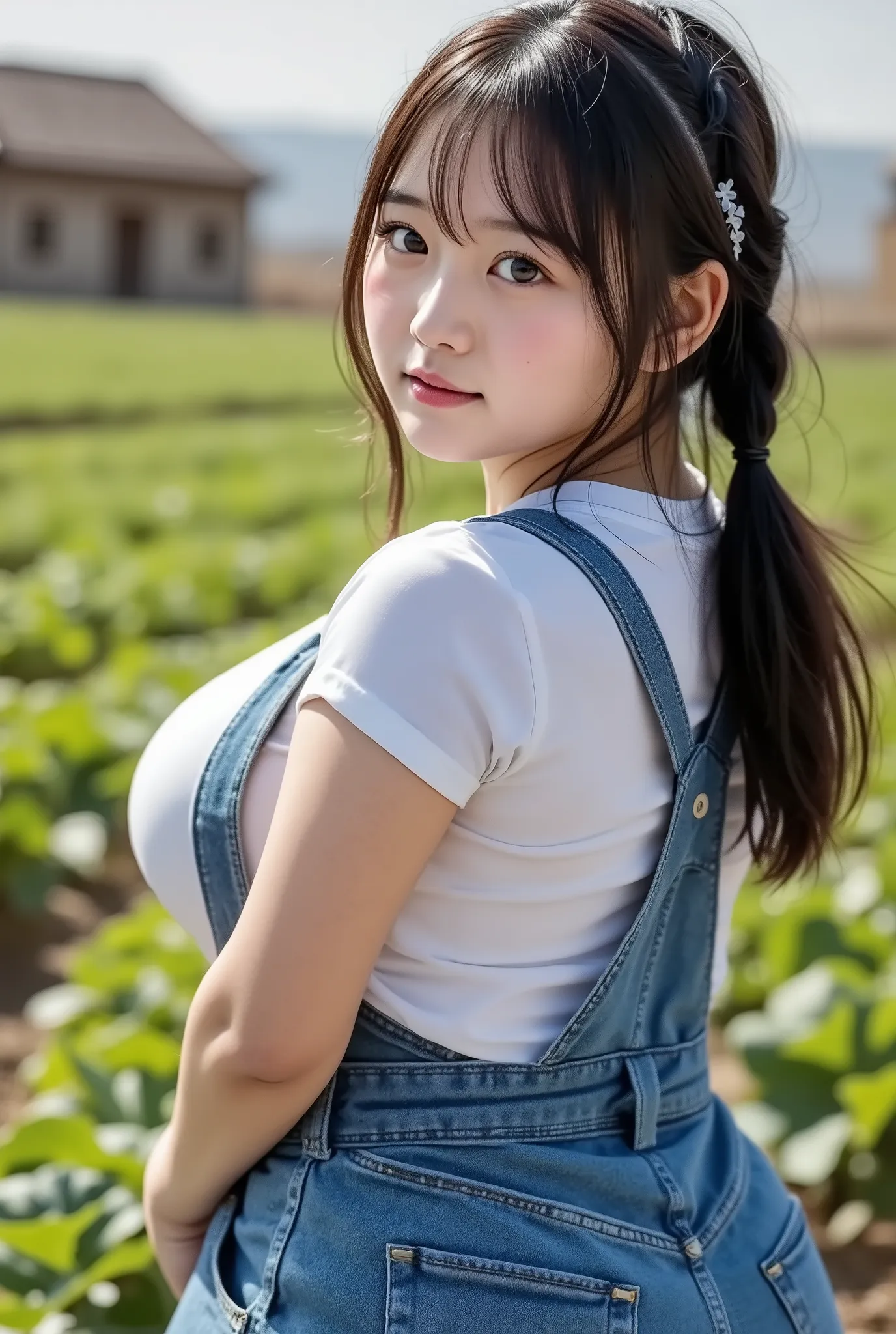 Very detailed, detailed, best quality, super high definition, highest resolution, 20 year old Japanese woman looking back with her back turned, happy smiling face, detailed facial depiction, detailed eye depiction, wide open eyes, cute double eyelids, thic...