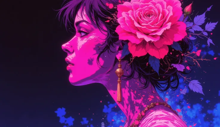 high quality, 8K ultra HD, Una hermosa MUJER DE NOCHE double exposure que combina una silueta de mujer con unA rosa morado de fuego, la rosa should serve as a backdrop, with its details incorporated into the woman , sharp lines, The background iS neon, ...