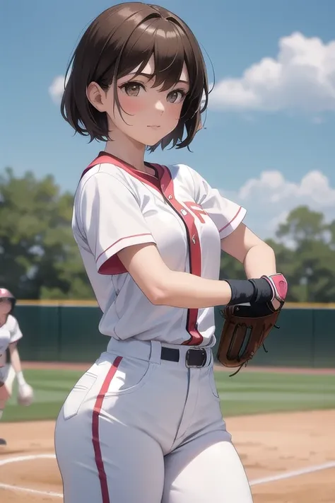 Best quality, masterpiece, high resolution, fine lines, beautiful, one girl, brown hair, short hair, playing softball, white uniform, wearing glove, field, summer day,