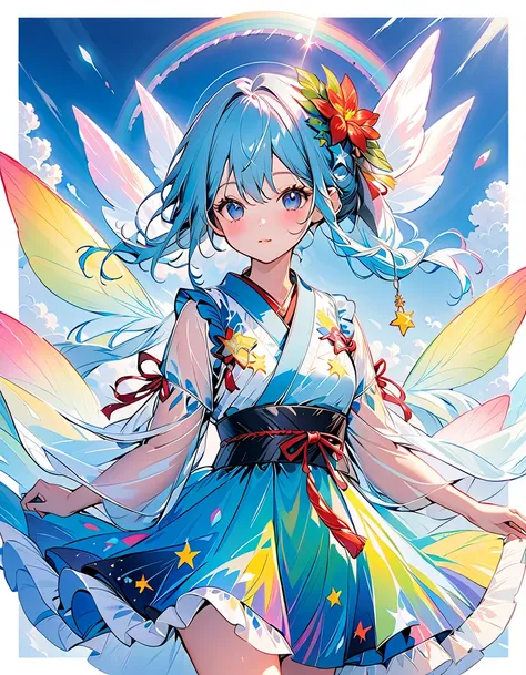   BEST DETAILS、   girl，，Blink，    Best quality   ， milky white and blue gradation hair color、Wear a colorful and cute gothic kimono costume   ,  Star Fairy ,Wear a colorful and cute gothic kimono costume    with little fairy feathers growing from above you...