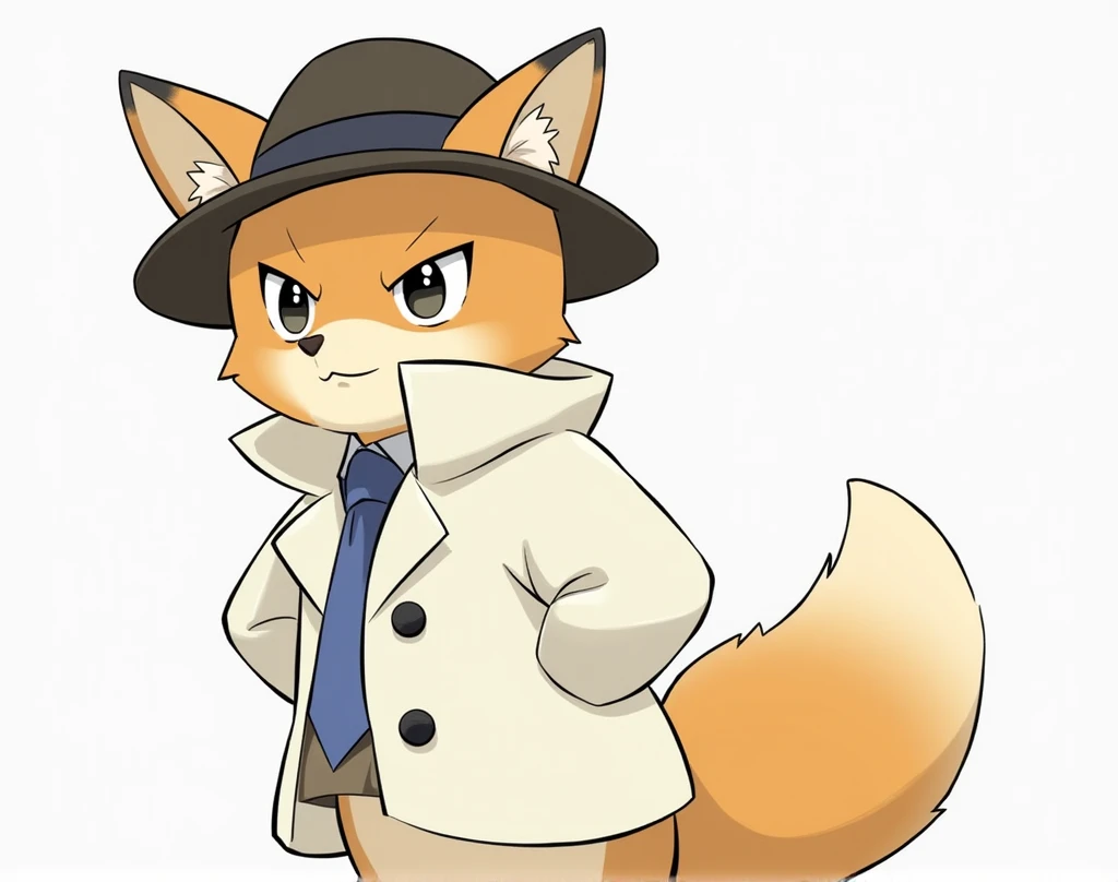  There is a cartoon of a dog wearing a hat and coat, Cunning expression,  Fox MacLeod, Don blue!!, safebooru anime images, Don blue!!!, Cunning, Don blue animation,  Production Animation Cell , Don!!! blue!!!,  a fox in human form ,  A Fox with a Strict Fa...