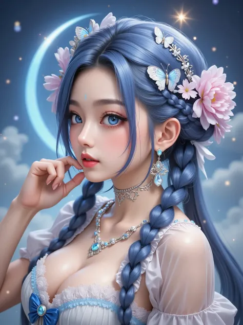  top quality combat bed，Screen meekness， anime illustrations with intricate details ， High Resolution， face close-up，Light makeup，Cold white skin，Pure Desire， fair and delicate skin ，Soft side face， Butterfly，Flowers，Blue fluffy braided hair ，Long eyelashe...