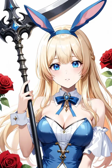  top quality,   super high resolution、(( girl))、 A garden with lots of red roses、 holding a big scythe 、 long blonde, blue eyes,Bunny ears、Rabbit、Alice、 blue headband、