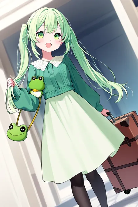 A cute girl (30s) who loves traveling and pulls a suitcase with a stuffed frog attached to it.
Her hair is in mint green twin tails.
She is walking with a happy expression. She is wearing a casual long skirt for winter wear.
She always wears black tights.
...