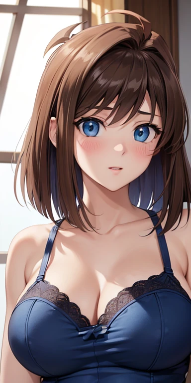  1 female, high definition, High resolution,  ultra-realistic  ,8K, aamazaki, ( hair antenna:1.2),  blue,blue eyes,European,sexy, upper body close-up,  photographed from the front , Dynamic Angles , private teacher ,A little sheer  underwear,  underwear,bl...