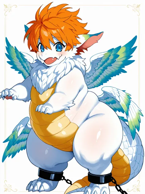  play bow
Back view with wings spread

A character is drawn on the upper half of the 。
 characters are drawn on the upper half of the background


Shackles and pendulums on both rear legs。100 kg is written on the weight

Orange hair , source_anime,solo fem...