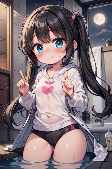 (loli:1.6), very blushed, embarrassed,  closed mouth, sweating, heart shape with fingers, happy, smiling, Obra maestra, La mejor calidad, thick thighs, thogs, terrace, night, moon, pijamas, boxer,white jaket, balcony, high quality, masterpiece, bathroom cu...