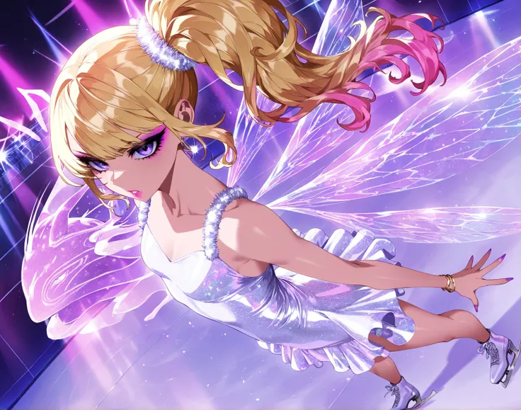 (sfw:1.5), makeup gyaru, cool beauty, solo girl, light skin, bee_wing, glitter white costume, extreme figure_skating, gold hair, high side ponytail, slender, small breast, serious, parted lips, perspective, from side,Dutch angle, afterimage,