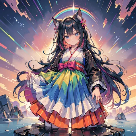 best quality, insanely detailed, exquisite, high quality, detailed, beautiful, ultra detailed, masterpiece, hyper detailed, absurdres, male, damask patterns, characterアクリルスタンド, hakama, in the style of intricate and bizarre, rainbow gradient