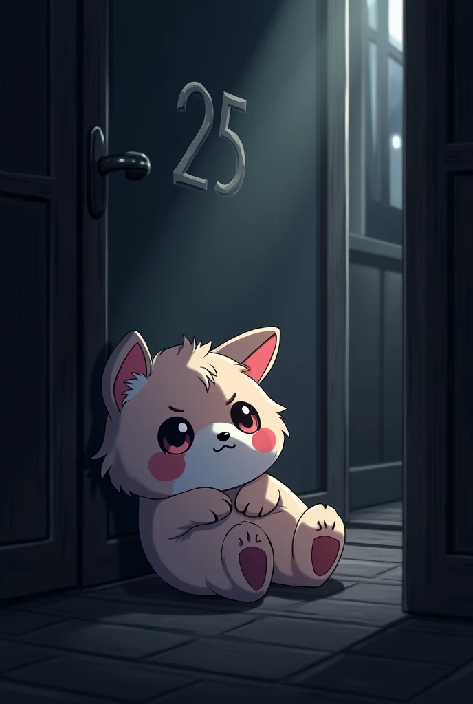 An anime plush toy in a dark room with the number 25