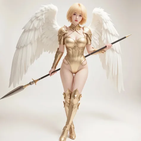 angel,   by Lee Song , long and thick gold spear ,    full body photo ,   sexy armor, gold-colored , yellow short hair .  white background.