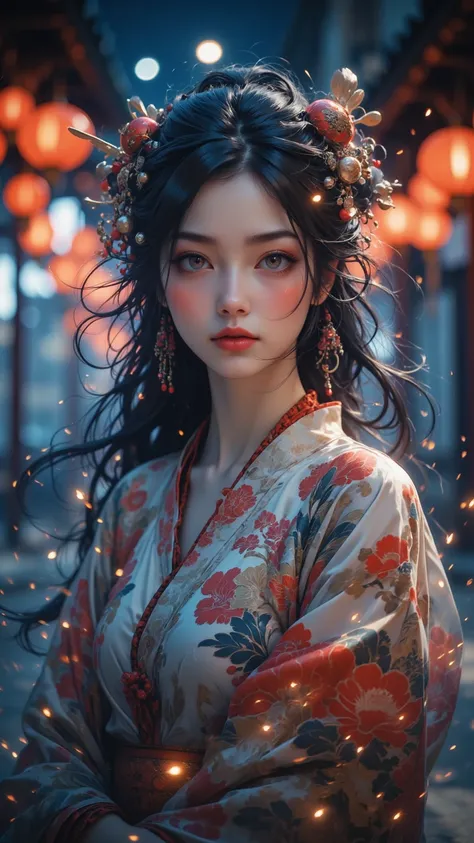 With this 8K original photo miracle ， depicts a mesmerizing Kpop idol ， with sweet “aegyo sal” features ， set in an outdoor night setting ， with floating effect and gentle glow of temple lights ， Her radiant smile and exquisite beauty are captivating Up Ya...