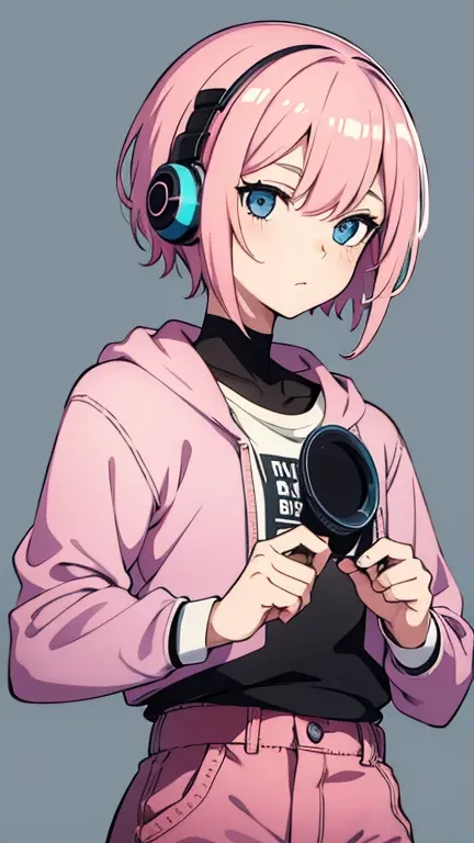  casual, high quality, [Strange Eyes,Alone,  character design,  short hair, blue eyes, pink hair hatching（ textures）, Earphones, 