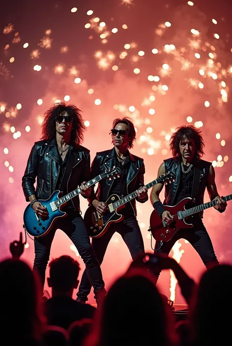 Can you generate a real time photo 3 famous rockstar group or band 2 of them holding a guitar and another one is singing with a firework at the back of the backrgound