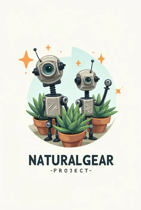 Logo of the natural gear project that consists of selling mini white pots with succulents and figures armed with nuts, screws, nails etc 