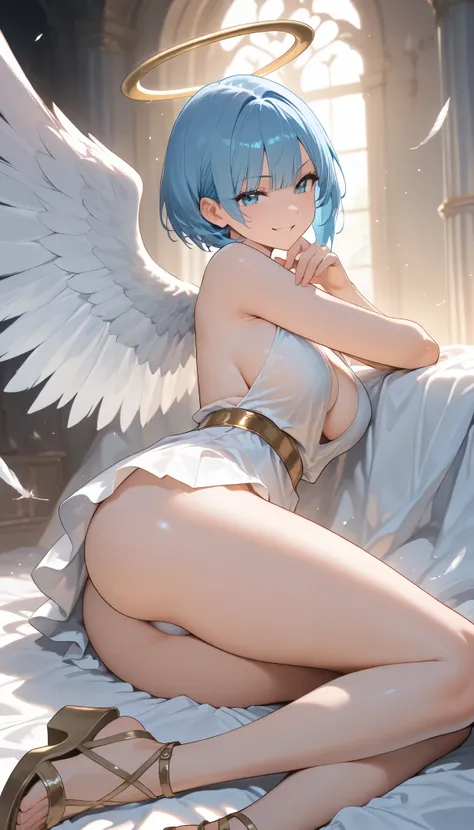 sfw, masterpiece, Best Quality, High resolution, detail hands, detail fingers, detail face, detail leg, perfect lighting, (1girl, solo, detail girl, 20years old girl), cute girl, (blue hair, short hair, bobcut, large breast, large ass), (white draped top, ...