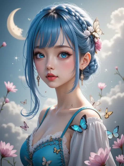  top quality combat bed，Screen meekness， anime illustrations with intricate details ， High Resolution， face close-up，Light makeup，Cold white skin，Pure Desire， fair and delicate skin ，Soft side face， Butterfly，Flowers，Blue fluffy braided hair ，Long eyelashe...