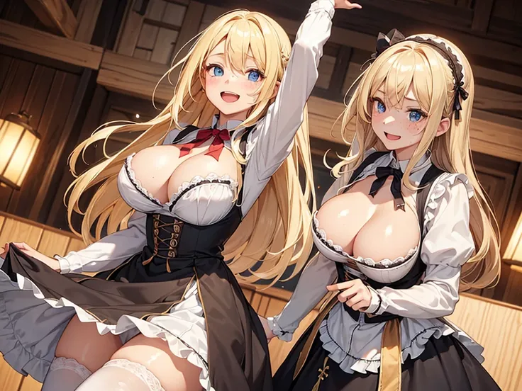  clothes are slipping downward and breasts are visible、woman、 German costume Dirndl 、、 long blonde hair、 freckles、 big breasts、 white skin、Big Breasts、Excited and cheerful 