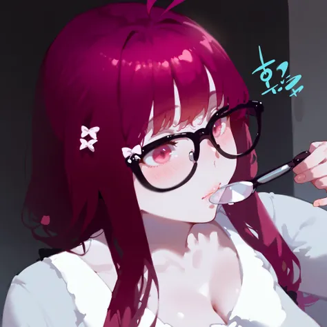 score_9_up, score_8_up, score_7_up, high quality, shaded, masterpiece, light blush, 1girl, pink hair, long hair, light pink eyes, (huge breast), ahoge, hair between eyes, closed mouth,  glasses, hair bow, PINK HAIR, PINK HAIR++++