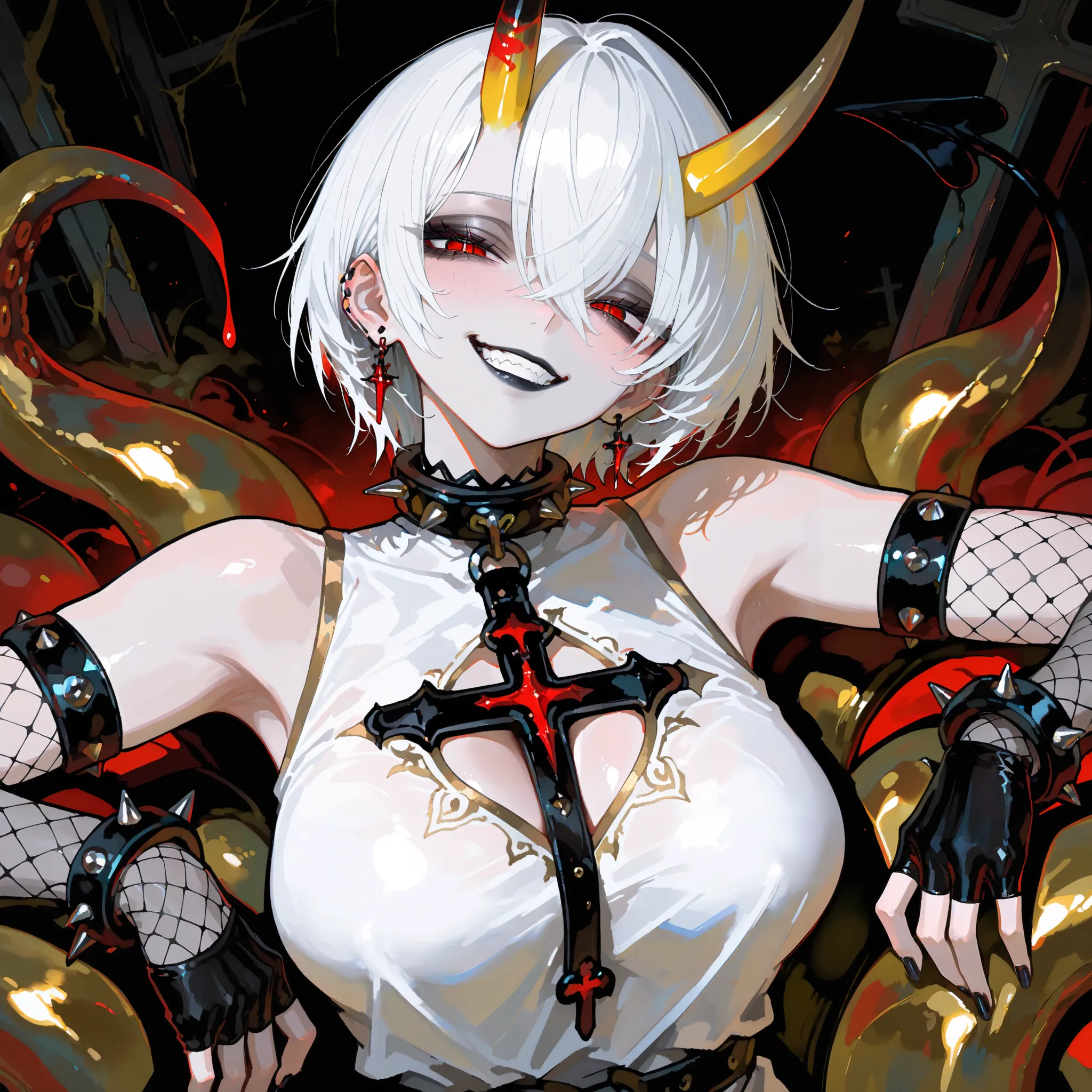 1girl, short hair, white hair, red eyes, white tunic with black lines and gold trim, cross cutout in the chest, large breasts, sleeveless, yellow horns, ((black lips)), spiked bracelets, spiked choker, earrings, spiked ornament on one horn, fishnet elbow g...