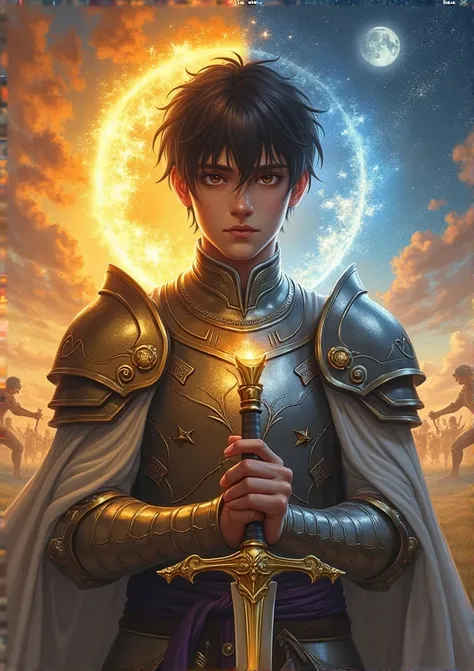 " The background is a battlefield where day and night meet ,  battle marks he has been through .  A young man aged 19-25 with a claw wound across the right eye {x} He was wearing light armor that glittered with a mix of gold and silver colors,  decorated w...