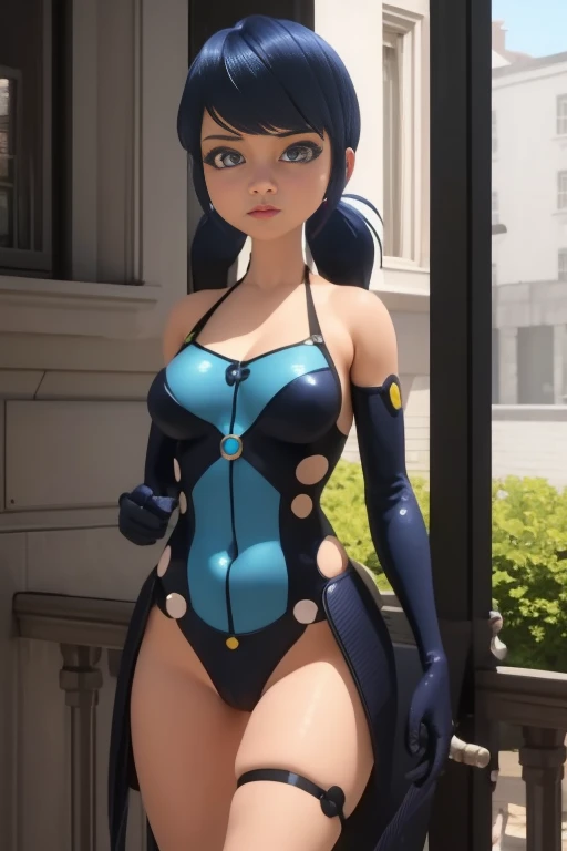 1 girl,Alone ,  Blue Hair,  ladybug costume, very coherent artwork ,  breasts,  hyperrealism, vibrant, octane rating,  unrealistic game engine , 8K, HIGH CONTRAST, very detailed black outline,