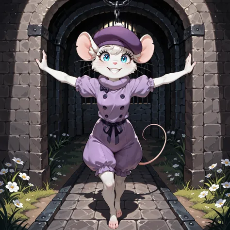 Masterpiece, best quality, absurd res, solo, bianca, anthro furry white mouse girl, hat, whiskers, blue eyes, eye lashes, rodent, teeth, wearing purple romper, dungeon, flowers, grass