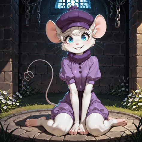 Masterpiece, best quality, absurd res, solo, bianca, anthro furry white mouse girl, hat, whiskers, blue eyes, eye lashes, rodent, teeth, wearing purple romper, barefoot, feet paws four toes, dungeon, flowers, grass