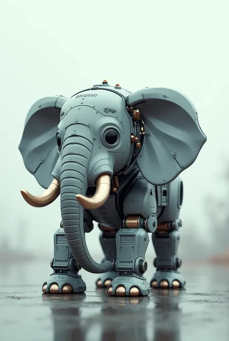 SUPER REAL, chibi, android in the shape of an elephant, one elephant, entire elephant drawn, on all fours, with two tusks, gray metallic in color. No background, large space in upper right corner.