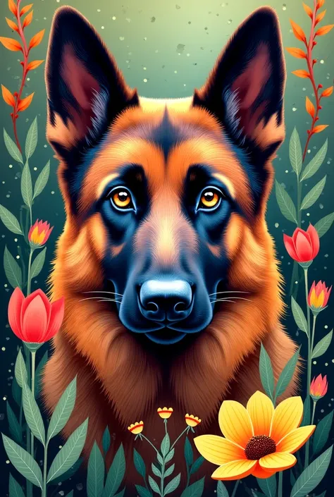 Poster of the face of a female German shepherd surrounded by nature inspired by art and craft 