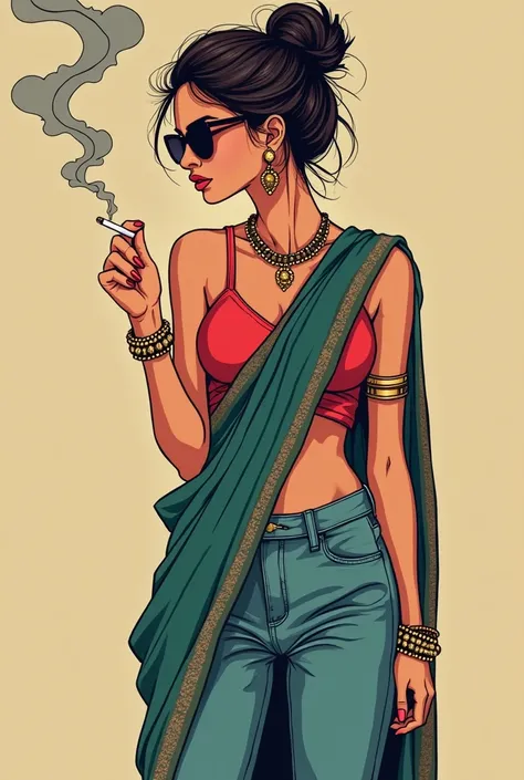 girl wearing a saree. instead of the saree jacket, she is wearing a crop-top (this is a must). and her wide leg jeans showing through the saree. she is holding a cigarette and smoke flows. she is moody. her hairstyle is a messy bun. and she is wearing Indi...