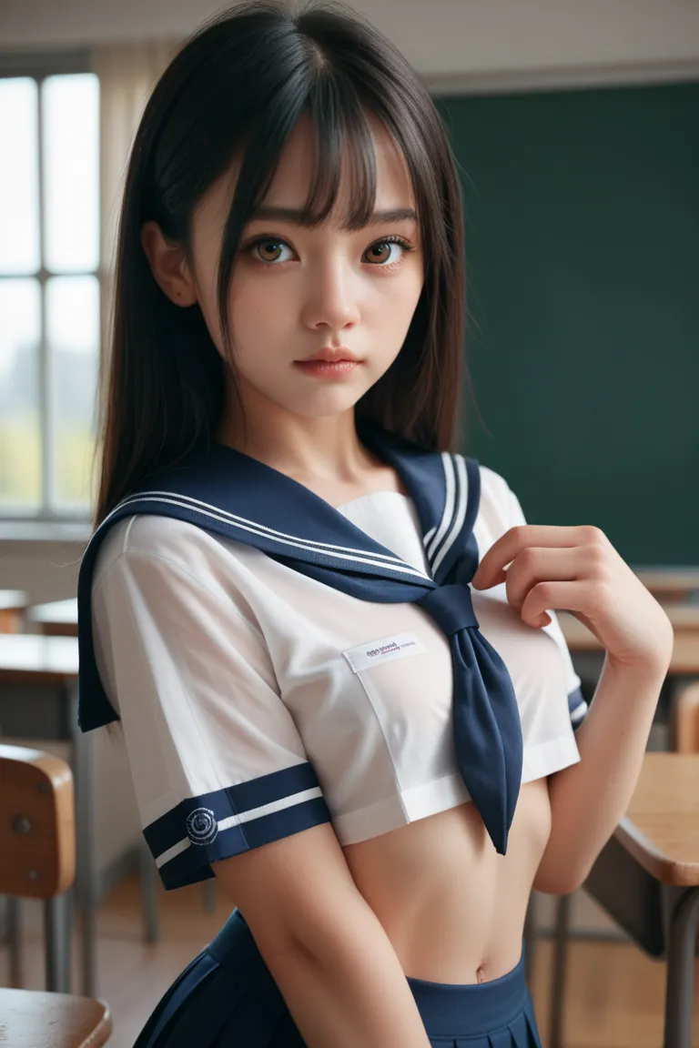  top quality,   super high resolution、classroom、(( cute middle school girl))、(( small tits))、 black hair、 brown eyes、 transparent sailor suit