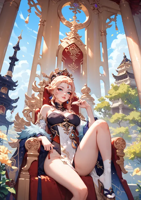 A woman in a giant golden palace, sitting on a giant throne, a queen, revealing japanese style genshin impact clothes, villian woman, genshin impact, pretty