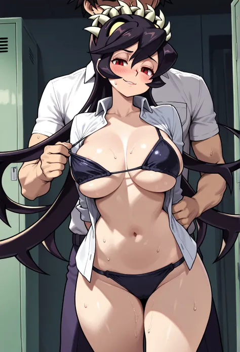 high resolution,masterpiece, best quality, amazing quality,source_anime, filia skullgirls, 1girl, fillia , large breasts,  SG Filia, long hair, black hair, red eyes,                                  (curvy), 1girl, standing, arms behind back, looking at vi...