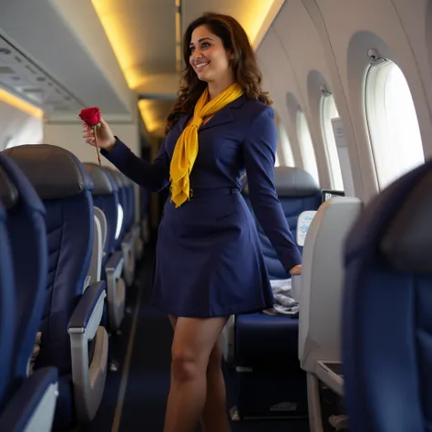 ((AnushkaShettyFlux)) ((sweaty)) Anushka  is a flight attendant . She is wearing   navy  blue uniform   and yellow scarf.  short skirt, (black high heels), perfect legs, model pose,, flight cabin, pantyhose . I just gave her a bright red rose, which she is...