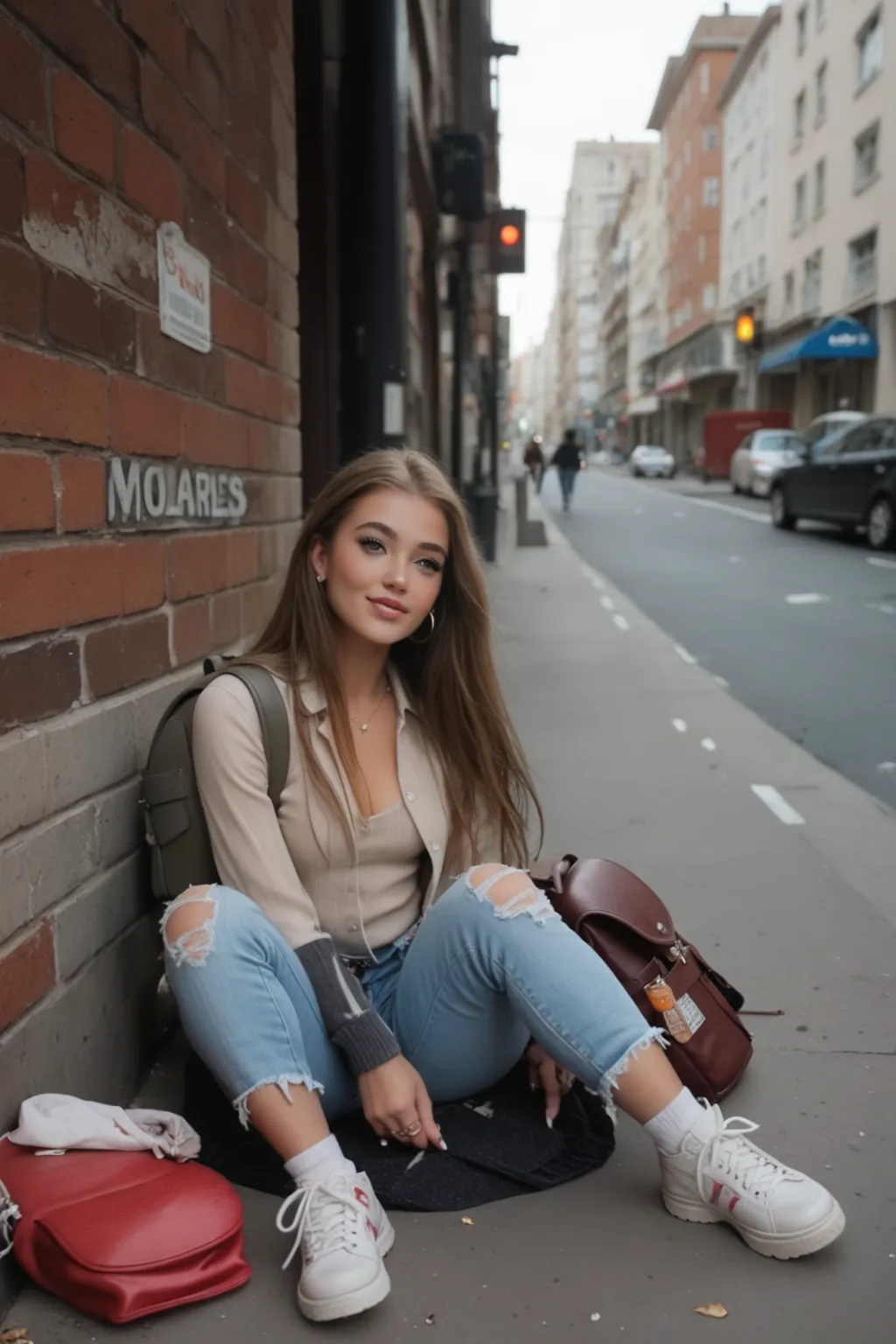 a homeless arafed woman sitting on the sidewalk with a backpack, infp young woman, beautiful lonely girl, sitting on the ground, street pic, posing in an urban street, on a street, homeless, at a city street, attractive girl, girl sitting on sidewalk, grun...