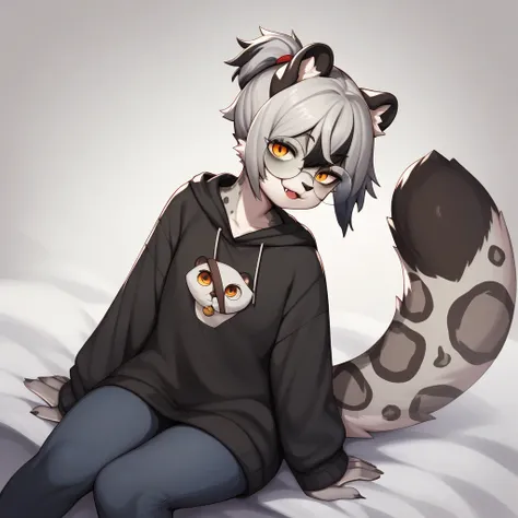 Solo, score_9, score_8_up, score_7_up, score_6_up, score_5_up, score_4_up, source_anime, Anthro furry girl, snow leopard, amber eyes, tall and buff,, short grey hair, short ponytail, black tips on hair, black highlights on hair, side locks, small chest, ji...