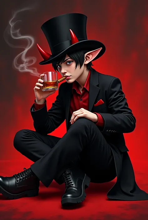 Boy in hell wearing black clothes with red details he is wearing a black top hat and sitting on the floor, He has the ears of an elf and the horns of a little devil he has a glass of whiskey and is smoking a cigar.