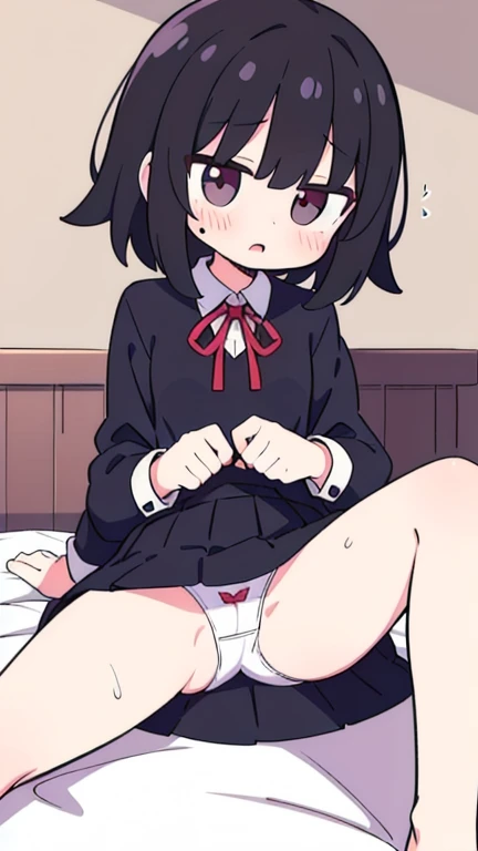 ((Best masterpiece, Perfect quality, Ultra detailed)), A skinny girl, With black hair, Wearing a school uniform, White dress shirt, Red ribbon on her chest, Black pleated skirt, Wet white panty, Spreading her legs, On the bed, Putting rotors on her thighs,...