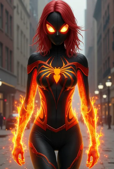 a teenager/ 16-year-old female, slender with an athletic body ,  redhead up to the shoulders with a little brown on the tips ,  light leather balcony,  intense green eyes with a little coffee ,  using a fusion of Spider-Man's black suit and Jean gray ,  wi...