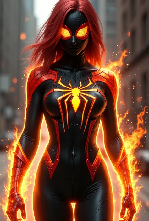 a teenager/ 16-year-old female, slender with an athletic body ,  redhead up to the shoulders with a little brown on the tips ,  light leather balcony,  intense green eyes with a little coffee ,  using a fusion of Spider-Man's black suit and Jean gray ,  wi...