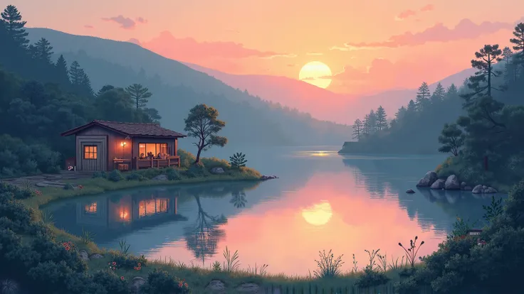 landscape, cozy lake, lofi, chill, room, coffee shop by beach, sunset, sunset vibe, sundown, japanese animation illustration style