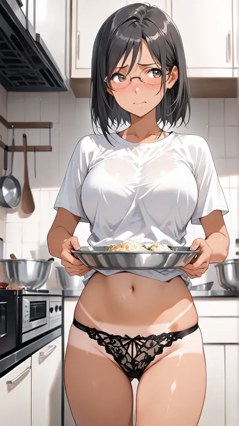 (( best quality )), ((Masterpiece)), (  Details), Mii Konori,  black hair, glasses,  short hair,  tan lines, white t-shirt, doing dishes in kitchen, black lace panties, looking away from viewer, Embarrassed, 